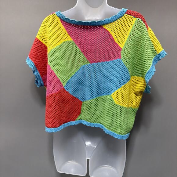 Ces Femme Crop Top Open Knit Oversized Cap Sleeve Sweater Size Medium - Picture 2 of 6